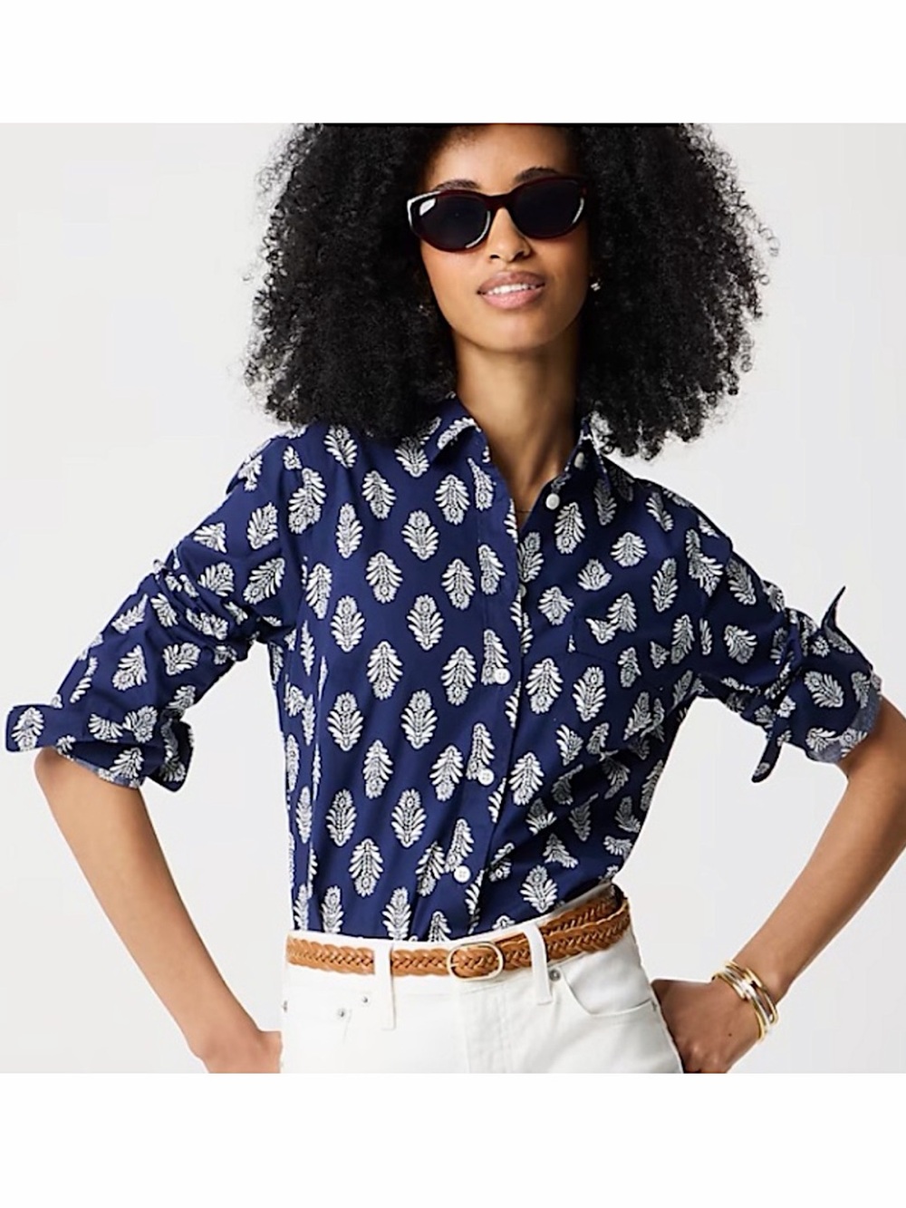 J. Crew Button Up Navy/White Printed Cotton Blend Poplin Shirt